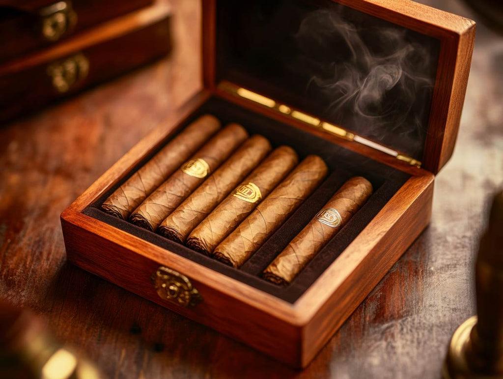 Premium cigars displayed in an elegant wooden cigar box