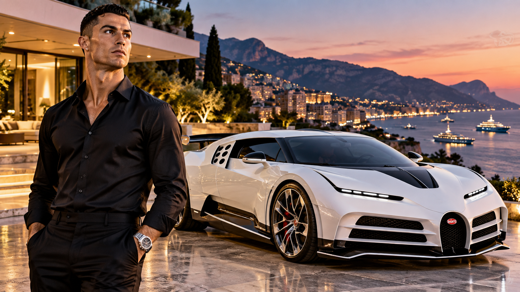 Cristiano Ronaldo with white Bugatti hypercar at sunset